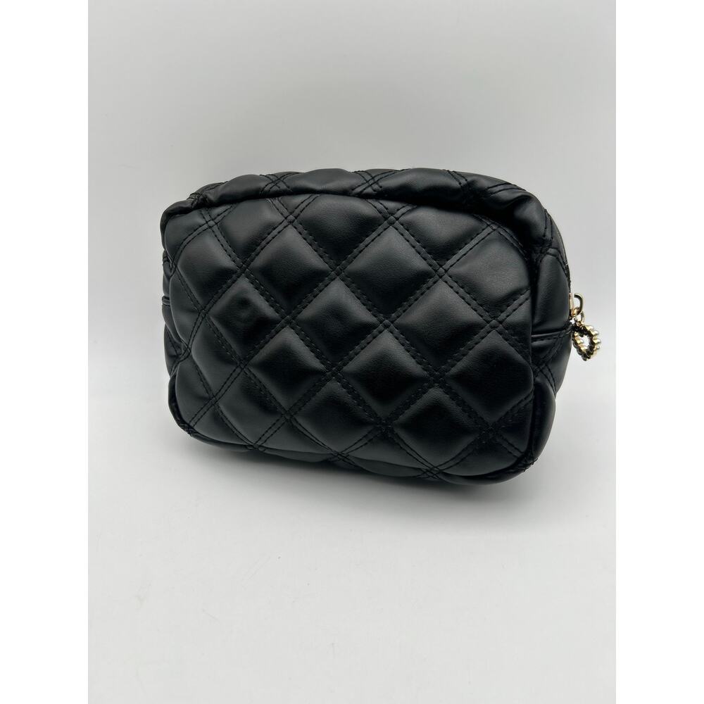 Black Quilted Puffer Cosmetic Bag Zip Pouch Gold Zipper Heart Charm Makeup Bag